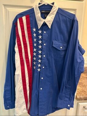 MWG Apparel Men's Blue Button-Down Shirt with Red & White Flag Panel